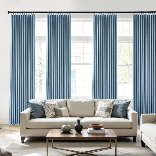 Vista 2 de Blue Pinch Pleated Linen Blend Full Blackout Curtains 84" Living Room 2pcs Azul