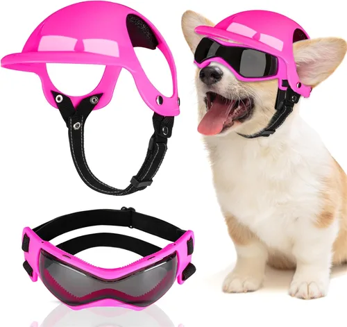 Vista 13 de SlowTon Juego de casco y gafas de sol, sombrero y gafas de sol para perro 1.Negro