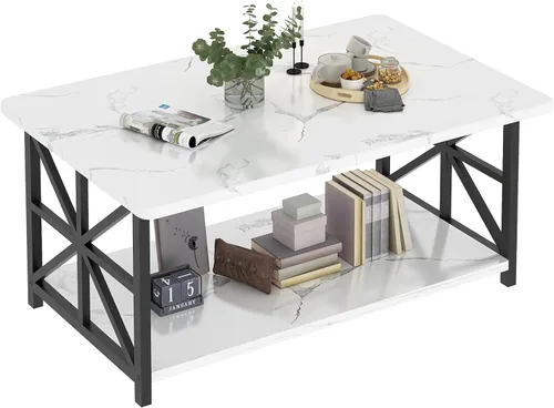 Vista 7 de AWQM Mesa de Centro de Mármol Sintético para Sala de Estar con Esquinas Redondas, Mesa de Sala de Estar de 2 Niveles con Estante de Almacenamiento