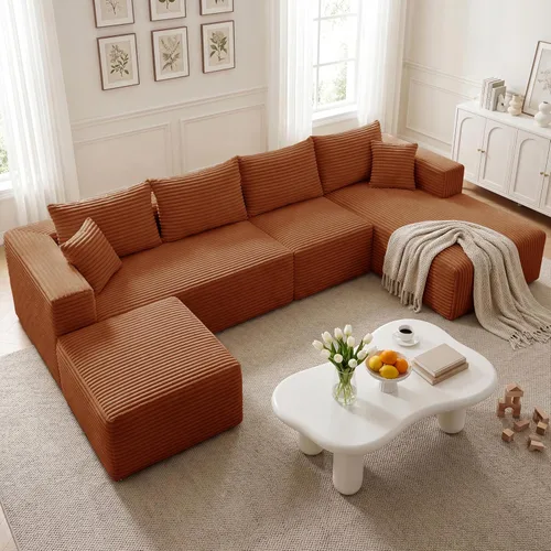Vista 56 de Sofá modular en forma de L de 118 pulgadas, moderno sofá modular de pana de espuma viscoelástica de 4 plazas con otomana, asiento profundo tapizado