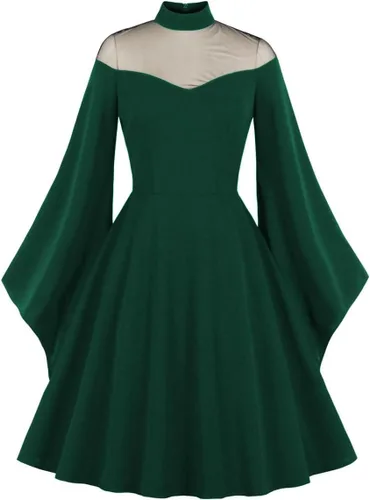 Vista 6 de IWEMEK Vestido de mujer de malla de manga larga gótico de cóctel vintage gótico transparente con panel de ilusión para invitada de boda, vestido