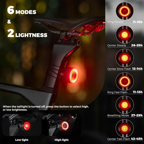 Vista 7 de ROCKBROS Luz trasera de bicicleta inteligente, ángulo ajustable y doble montaje luces traseras de bicicleta, cuentas potentes con diseño óptico