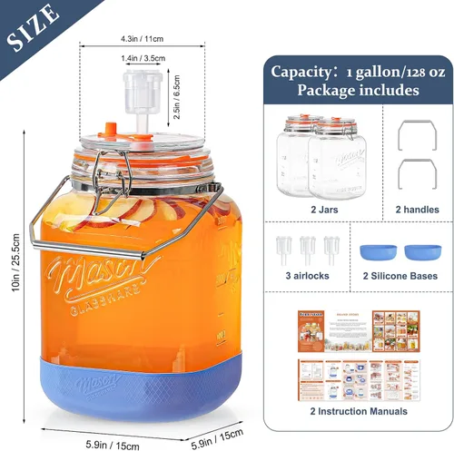 Vista 4 de Folinstall Tarro de fermentación de 1 galón con 3 esclusas de aire, mango de acero inoxidable, base de silicona antideslizante, tarro
