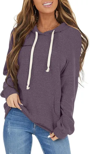 Vista 13 de Sudaderas con capucha casuales para mujer, ligeras, de manga larga, blancas, con cordón, sudaderas holgadas con bolsillo Carbón