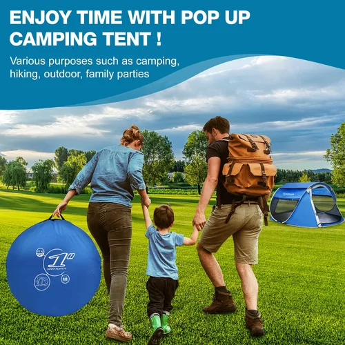 Vista 7 de ZOAMKE - Tienda de campaña fácil desplegable para 2 a 4 personas, impermeable, tienda de campaña emergente automática para acampar Azul 3-4 Persona