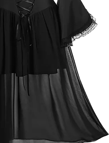 Vista 4 de Vestido gótico para mujer, manga de murciélago, con cordones, túnica de gasa, manga larga, hombros descubiertos, vestido de Halloween negro oscuro