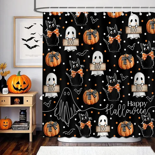 Vista 2 de Mocsicka Cortina de ducha de Halloween con dibujos animados, fantasma, lindo gato negro, calabaza, cortina de ducha de baño, cortina de ducha