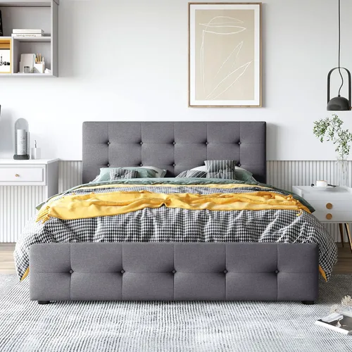Vista 20 de Cama de plataforma tapizada de tamaño matrimonial con cabecera de terciopelo con patrón de flores, con marco de cama de soporte de listones
