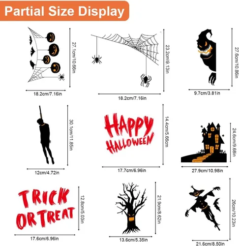 Vista 6 de AUAUY Decoración de ventana de Halloween, 9 hojas, 87 unidades, calcomanías de ventana de doble cara con calabaza, murciélago, araña, adhesivo