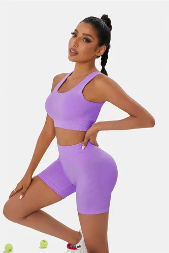 Vista 3 de Conjuntos de entrenamiento para mujer, 4 piezas, sin costuras, espalda descubierta, brasier deportivo, cintura alta, corto, yoga, gimnasio, conjunto