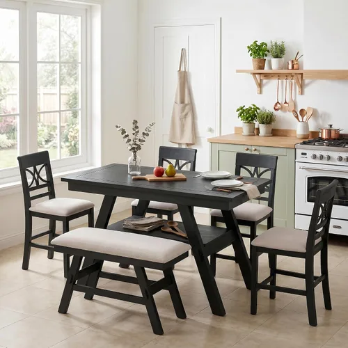 Vista 12 de Farmhouse - Juego de mesa de comedor rústica de altura de mostrador para 4, juego de mesa de bar de cocina de 5 piezas, mesa de comedor rectangular