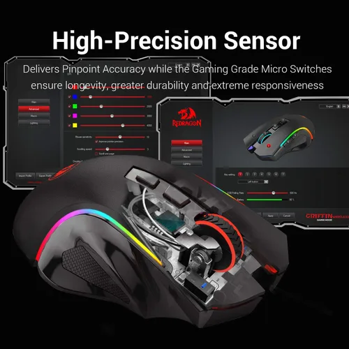 Vista 5 de Redragon M602 Griffin RGB mouse ergonómico retroiluminado de espectro RGB con 7 modos de retroiluminación programables de hasta 7200 DPI