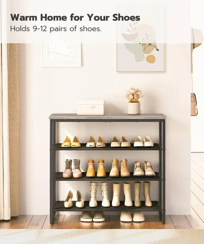 Vista 5 de HOOBRO - Zapatero de 4 niveles, organizador de almacenamiento de zapatos con 3 estantes de tela Oxford y panel superior, para 12-16 pares de zapatos