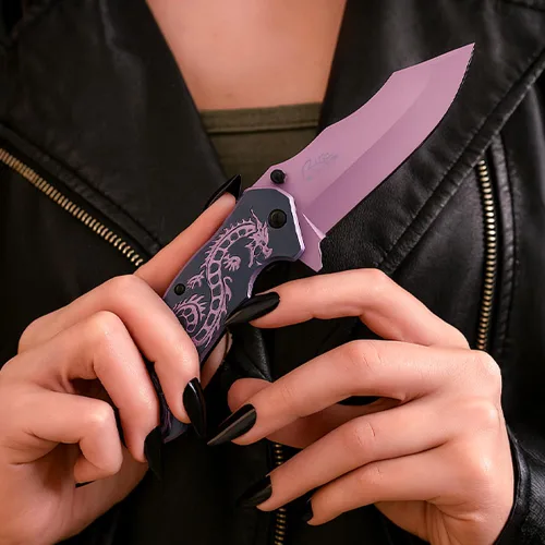 Vista 6 de SZCO 7.75" Cuchillo plegable de utilidad de rescate con apertura asistida Flying Dragon (Morado)
