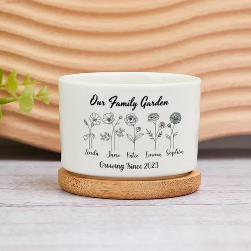 Vista 14 de Maceta de Navidad personalizada con nombre de bebé, macetas divertidas de ciervos de Navidad, maceta de cerámica para suculentas con bandeja