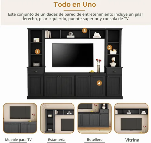 Vista 2 de Merax Minimalist 103" Entertainment Wall Unit Set with Overhead Bridge for TVs Up to 75", Modern Large Media Console with Adjustable Shelves, Ample