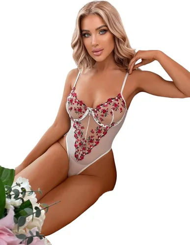 Vista 4 de SOLY HUX Body de lencería de una pieza de malla bordada floral para mujer