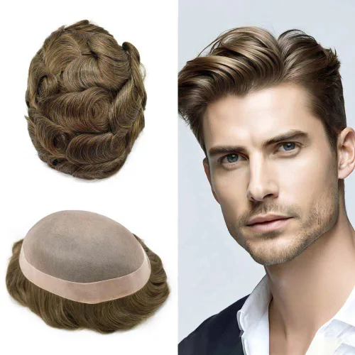 Vista 71 de Fine Mono Men Hair System Mens Toupee Real Human Hair Pieces For Men's Toupee Hair System For Men Hair Piece Natural Hairline 6X8 densidad de luz