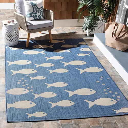 Vista 13 de SAFAVIEH Alfombra lavable para exteriores, colección Patio de 2.3 x 12 pies, color azul y beige, no desprende pelusa y fácil de limpiar, ideal
