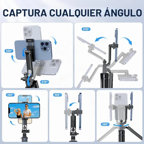 Vista 5 de Trípode Selfie Stick, trípode de 71 pulgadas para iPhone, rotación de 360° con control remoto inalámbrico, soporte portátil de aluminio para Negro