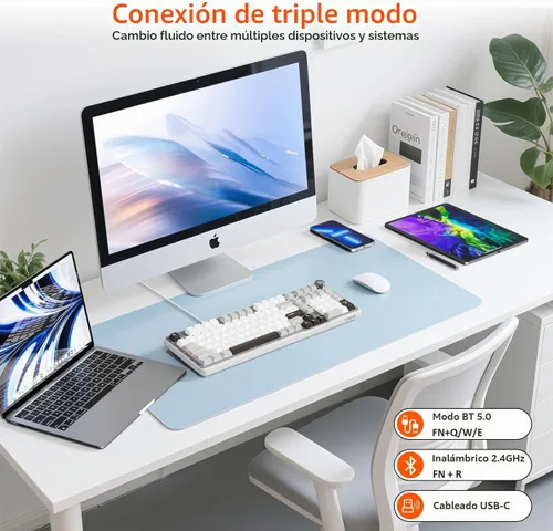 Vista 2 de Teclado mecánico inalámbrico para juegos, conectividad trimodo (Bluetooth 5.0/2.4GHz/USB-C), intercambiable en caliente, retroiluminación RGB