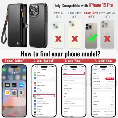 Vista 7 de Defencase Funda Magnética de Cartera para iPhone 15 Pro Compatible con Magsafe con Bloqueo RFID Correa con Cremallera Portador de Tarjetas