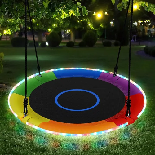 Vista 8 de Trekassy Columpio de árbol de platillo de 40 pulgadas con luces LED para niños y adultos, al aire libre, 2 correas para colgar en árboles, color azul