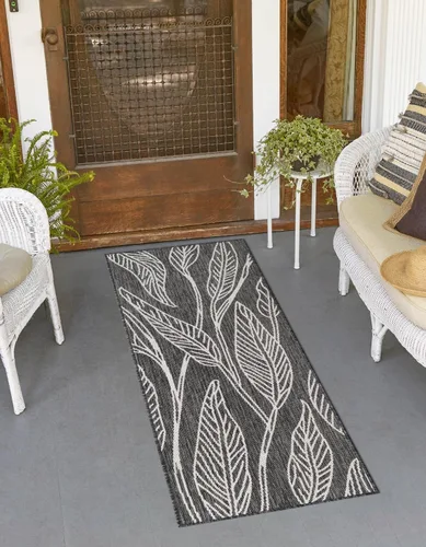 Vista 45 de Unique Loom Outdoor Botanical Collection Alfombra de área - Hoja (1.6 m x 2.4 m Rectangular, Carbón Marfil)