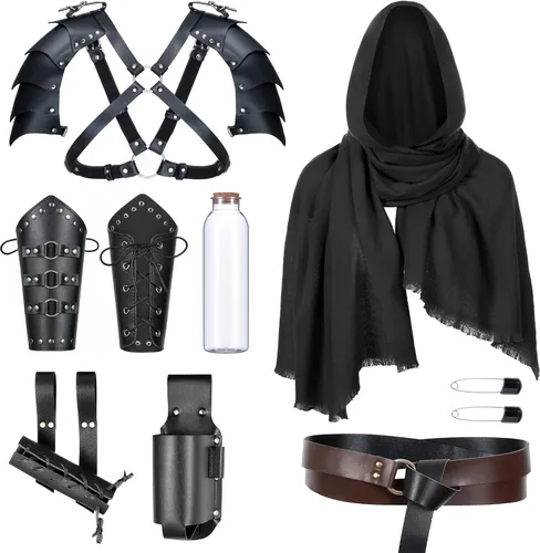 Vista 19 de Cinturón de cuero de caballero medieval para hombre, chal renacentista, capa de medio hombro, bufanda, brazaletes con hebilla, accesorios retro