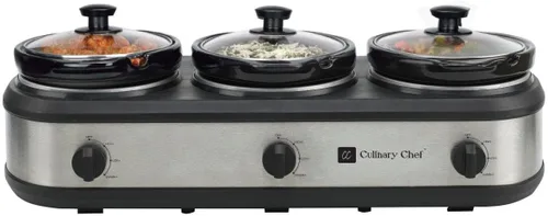 Vista 2 de CULINARY CHEF, triple olla de cocción lenta, servidor de buffet de 2.5 cuartos x 3 ollas, calentador de alimentos - Acero inoxidable