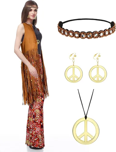 Vista 2 de Geyoga Conjunto de disfraz hippie de los años 70 para mujer, chaleco bohemio con flecos, pantalón acampanado, cárdigan, signo de la paz, aretes