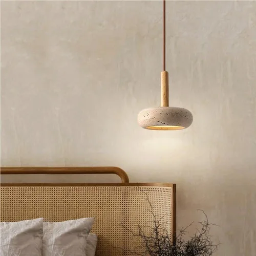 Vista 4 de Lámpara colgante japonesa Wabi-Sabi 3000K luz cálida LED lámpara colgante vintage amarillo travertino lámpara colgante con detalles de madera