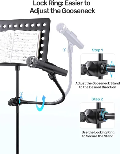 Vista 6 de Soporte de micrófono de cuello de cisne de 19 pulgadas, soporte flexible de brazo de micrófono con clip con súper abrazadera y adaptador de 5/8 a