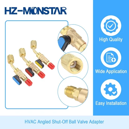 Vista 5 de Válvula de bola refrigerante de aire acondicionado 1/4 '' SAE, adaptador de válvula de bola de cierre en ángulo HVAC de latón para sistema mini