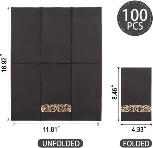 Vista 2 de WDF 100 unidades de servilletas negras y doradas desechables - 3 capas, servilletas negras con borde dorado, servilletas desechables de papel