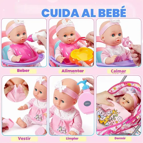 Vista 7 de Golray Juego de Juguetes de Muñeca Bebé de 12 Pulgadas con Cochecito para Niñas de 3, 4, 5, 6 Años - 26 Piezas Muñeca Bebé con Accesorios Edredón