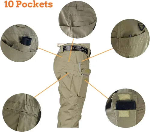Vista 2 de HYCOPROT Pantalones tácticos para hombre Ripstop repelente al agua, ligeros, casuales, de secado rápido, 10 bolsillos, pantalones de trabajo