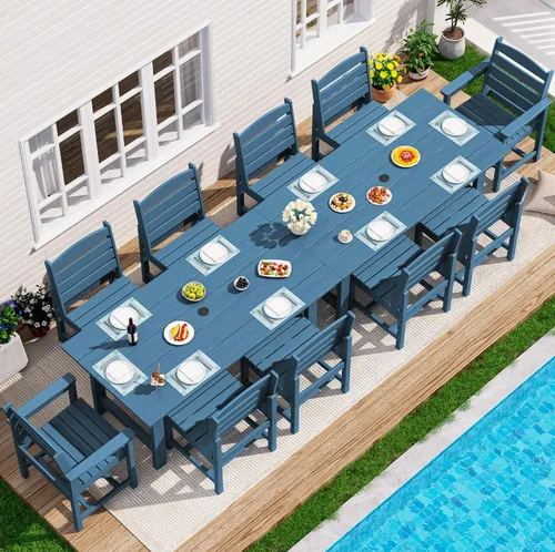 Vista 35 de SERWALL Juego de mesa de comedor de 7 piezas, muebles de comedor de polietileno de alta densidad para exteriores con agujero para paraguas y 6 Negro