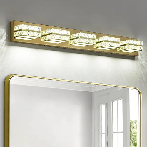 Vista 13 de OKELI Lámpara de tocador de cristal para baño, moderna lámpara LED de tocador para baño, lámpara frontal de espejo de cristal de 3 luces, 6000 K