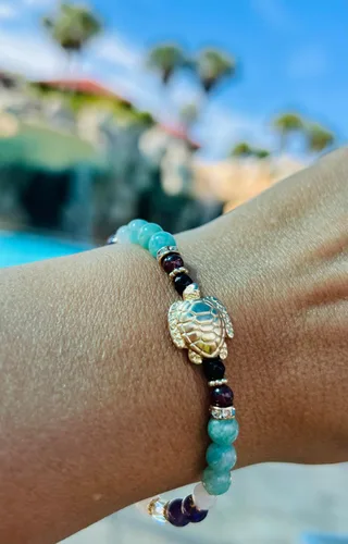 Vista 5 de Pulsera de fertilidad de tortuga fértil/piedras preciosas naturales cuarzo rosa, piedra lunar, amatista, cristal de roca, granate, ónix