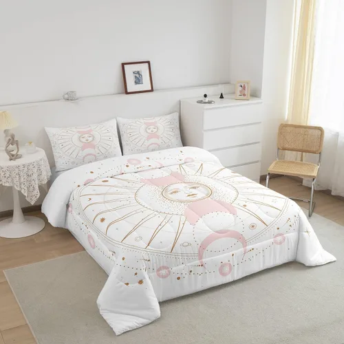 Vista 3 de Juego de edredón bohemio dorado tamaño Queen para niños y niños, decoración de habitación de luna rosa, misterioso, bohemio, juego de ropa de cama