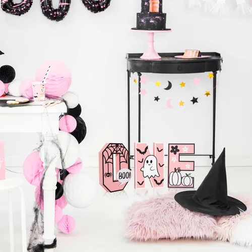 Vista 6 de Letrero de madera de Halloween One – Decoración de mesa de centro de mesa de madera rosa de Halloween, decoraciones de Halloween para interiores
