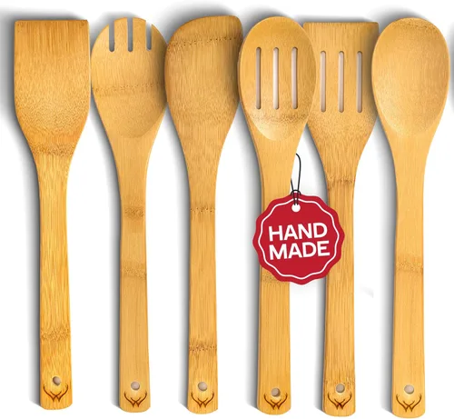 Vista 10 de Prime - Juego de 3 cucharas de madera de bambú para cocinar, utensilios de cocina de madera con mango largo, incluye cuchara plana de madera