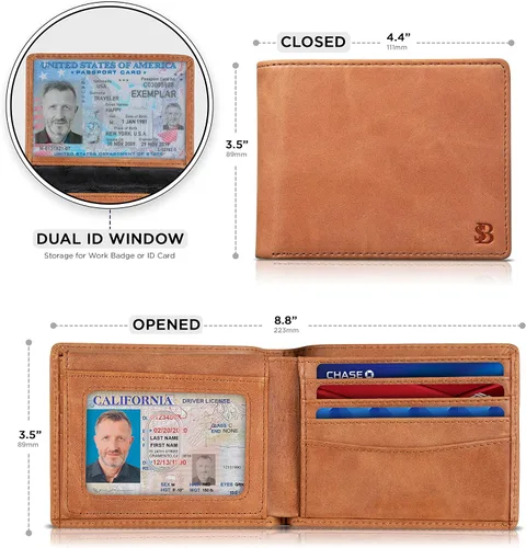 Vista 9 de SERMAN BRANDS Billetera de piel con 2 ventanas de identificación para hombre, con bloqueo RFID, doble tapa superior, billetera de viaje de capacidad