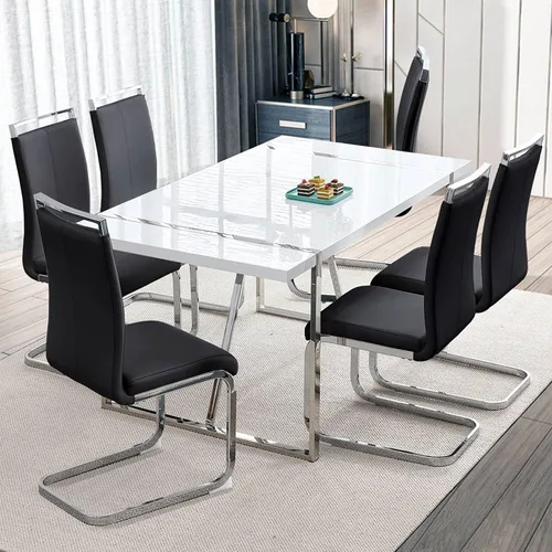 Vista 13 de Juego de sillas de mesa de comedor para 4, mesa de cocina rectangular moderna de 55 pulgadas con sillas acolchadas de cuero, juego de mesa de Negro