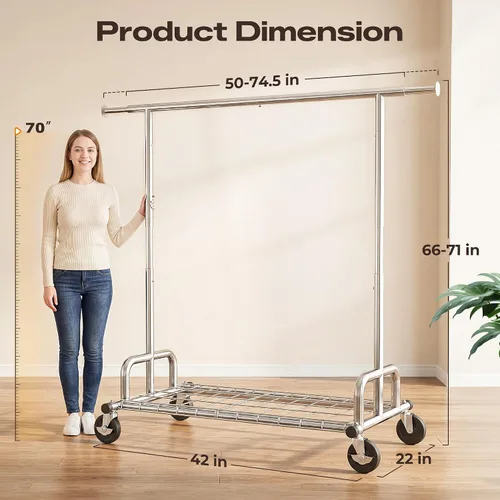 Vista 7 de HOKEEPER Perchero de ropa resistente con carga de 525 libras, perchero ajustable de 75 pulgadas de ancho, perchero para colgar ropa con ruedas