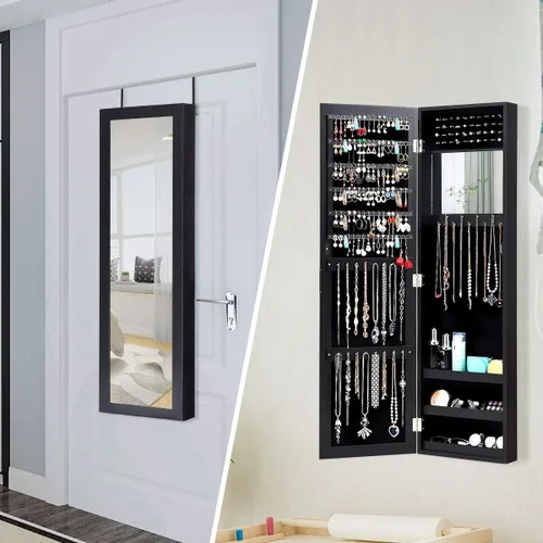 Vista 2 de Giantex Armario de joyería montado en la pared con espejo de longitud completa, organizador de joyas con espejo de maquillaje, ranuras para aretes