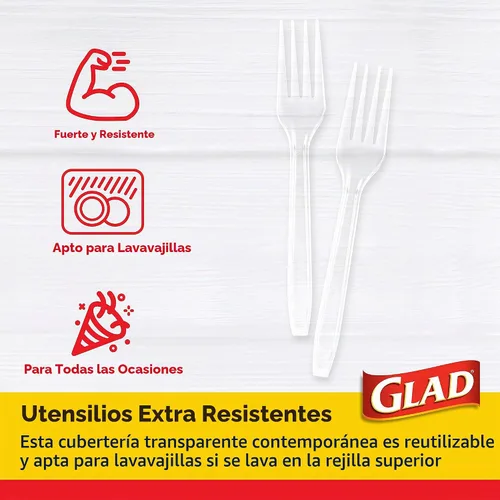 Vista 3 de Glad Tenedores de plástico transparente, 24 unidades Tenedores de plástico transparente resistentes para uso diario