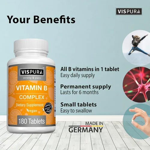 Vista 2 de Complejo de vitamina B, 180 tabletas veganas, todas las vitaminas B, incluyendo B12, B1, B2, B3, B5, B6, B7, B9, ácido fólico, para el estrés