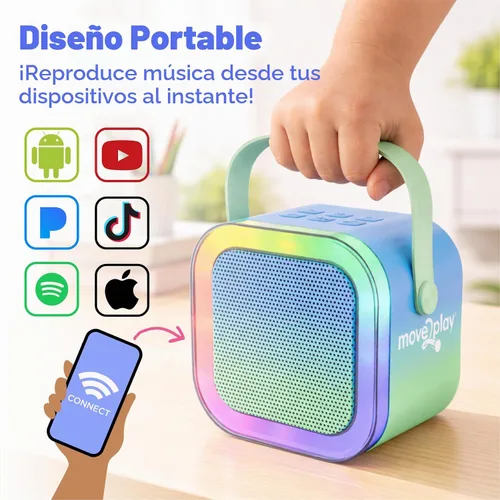 Vista 4 de Move2Play, Mini máquina de karaoke para niños Más de 20 canciones integradas Altavoz Bluetooth con micrófonos Efectos de voz Juguete musical